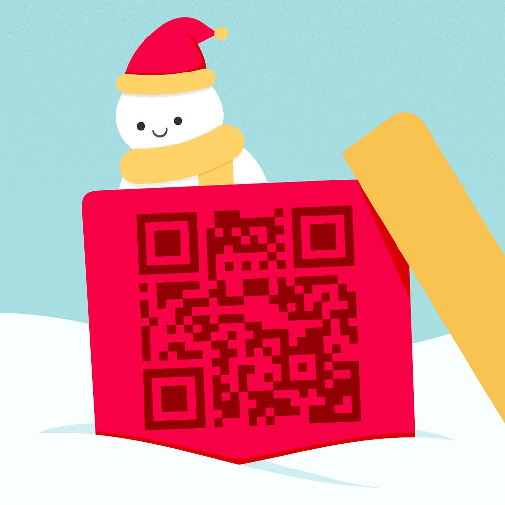Cartoon snowman peeking out from inside an opened present, with a QR code linking to the live app shown on the side of the present.