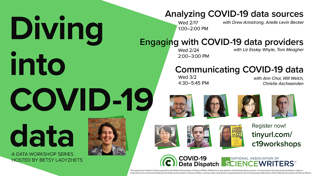 Flyer advertising a series of three workshops called “Diving into COVID-19 Data.”