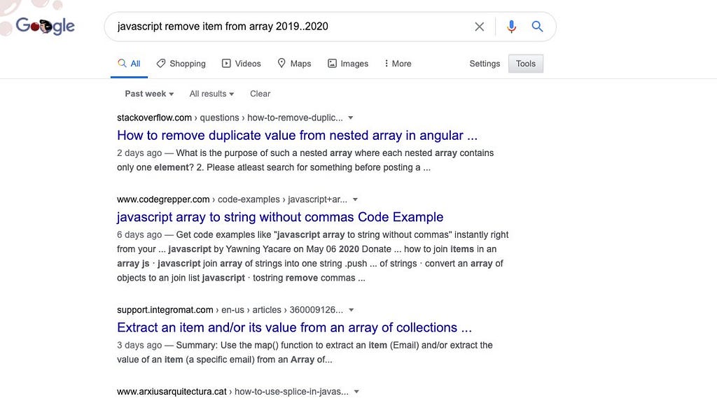 screenshot of a Google search using a date range to limit results