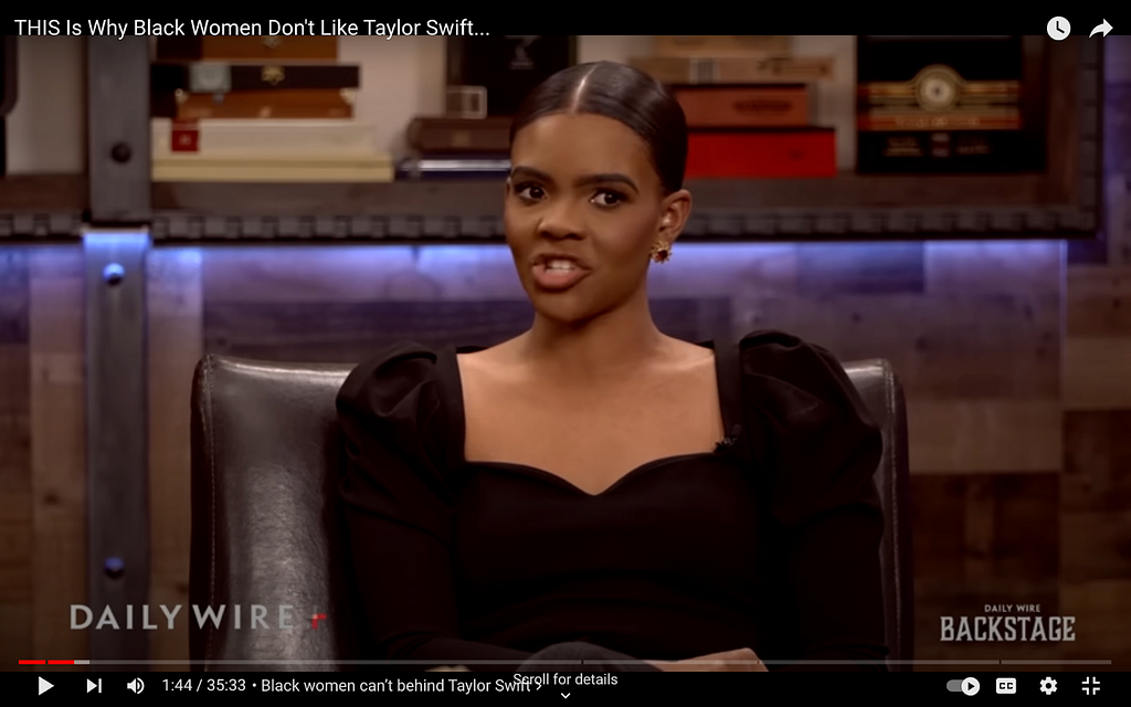 A screenshot of Candace Owens as a guest on another Daily Wire show. She’s wearing a long-sleeved black dress with a sweetheart neckline and, yep, you guessed it: shoulder puffs!