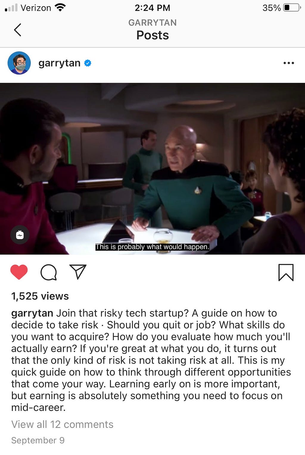 screenshot of an instagram post about risk in startups