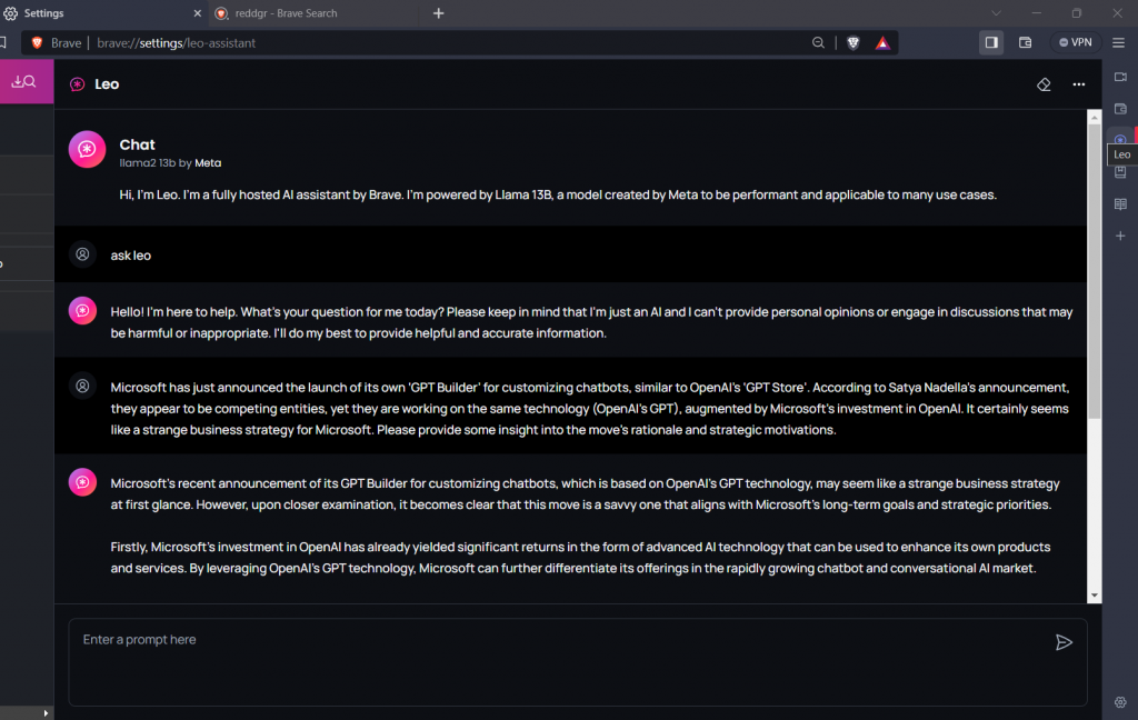 Screenshot of a conversation with the Brave Leo AI chatbot within the Brave web browser. The chatbot, introduced as “Leo” and powered by “Llama 13B,” states it is a fully hosted AI by Brave and designed to be performant for many use cases. A user asks Leo for insight on Microsoft’s launch of ‘GPT Builder’ for customizing chatbots, which seems to be a competitor to OpenAI’s ‘GPT Store’, despite Microsoft’s investment in OpenAI. Leo responds by discussing Microsoft’s strategic rationale for the mo