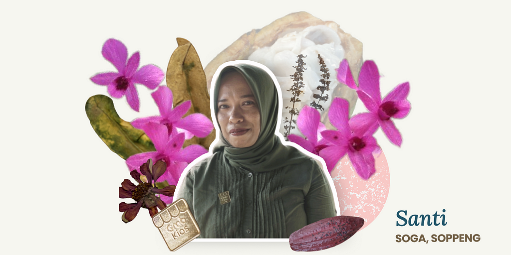 Photo collage featuring star agent Santi in a green dress and head scarf, surrounded by tropical flowers and a cacao pod.