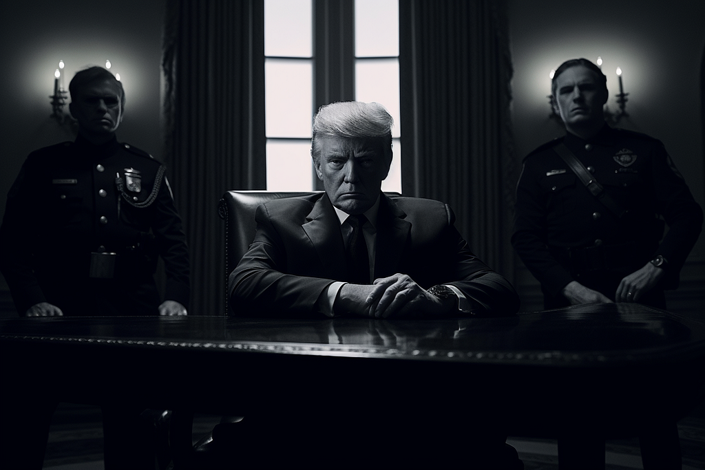 Donald Trump back in the Oval Office. Sinister image.