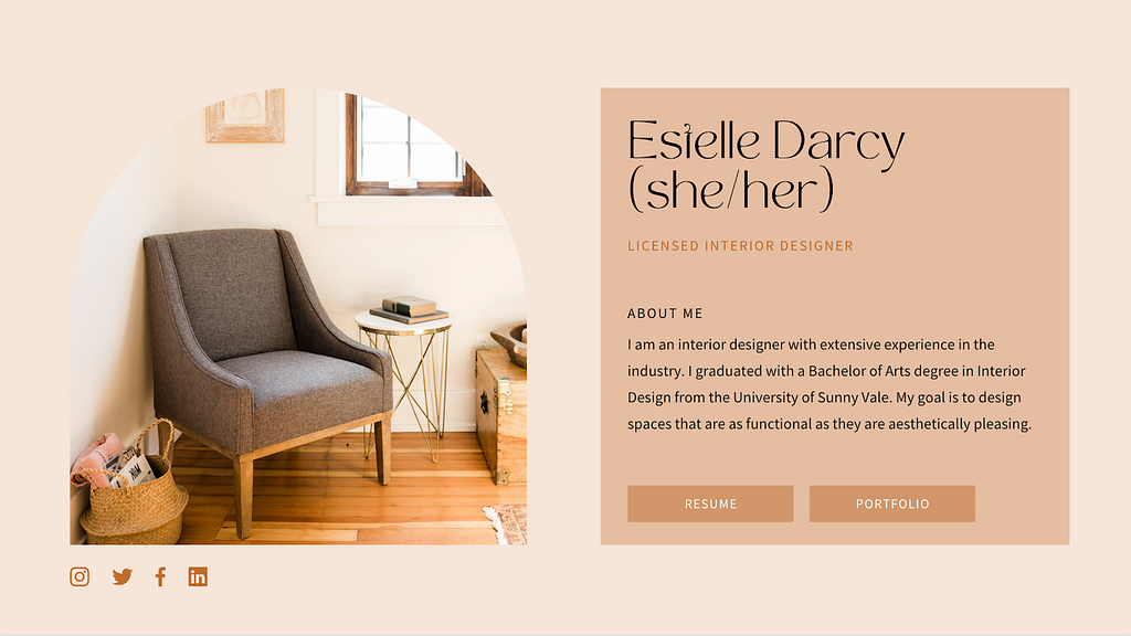 A beautiful Canva template featuring a sofa, coffee table with a book on it and wooden flooring in a well-lit apartment. The template is states “Estelle Darcy” with resume and portfolio buttons.