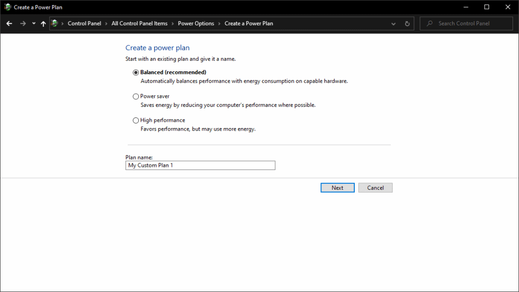 An image of creating a power plan on a Windows PC