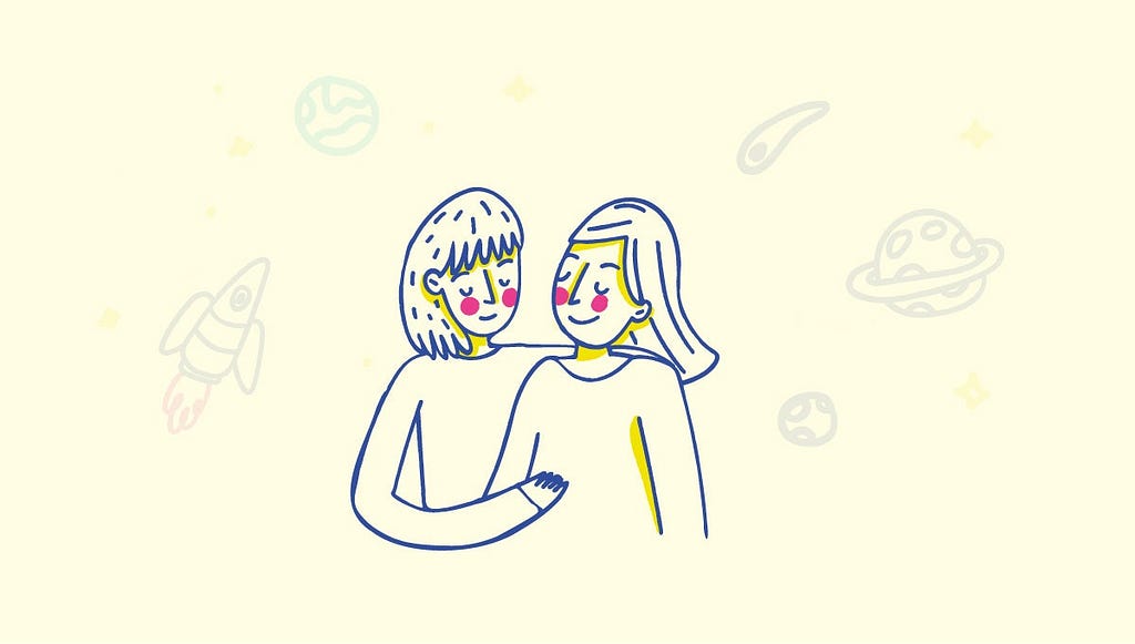Illustration of two people hug each other.