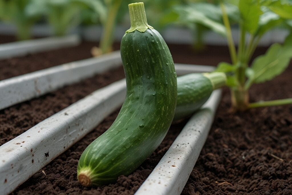 A fresh zucchini growing hydroponic between white planting rows in a greenhouse.