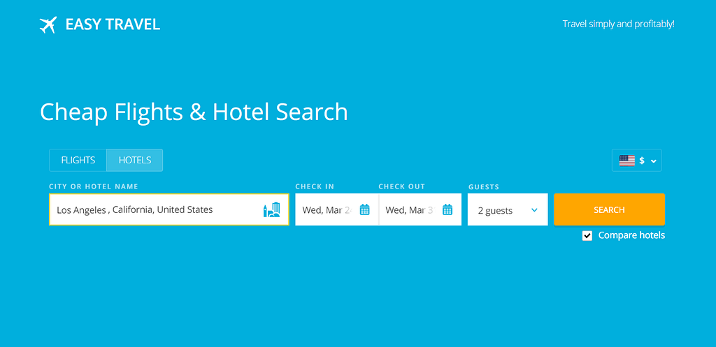 Easy Travel’s cheap flight and hotel search bar