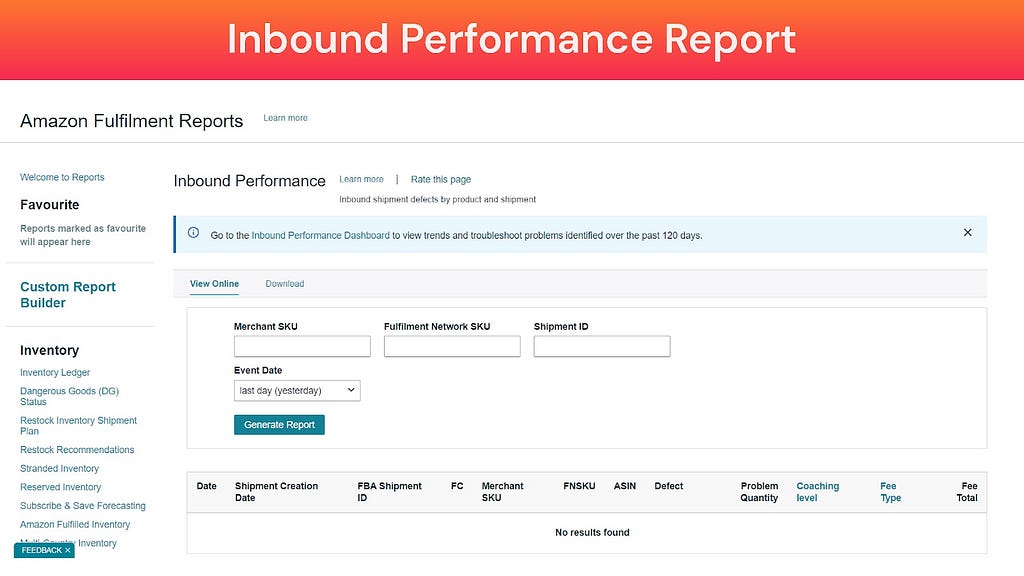 Screenshot of Inbound Performance Report (Amazon Fulfillment Reports)