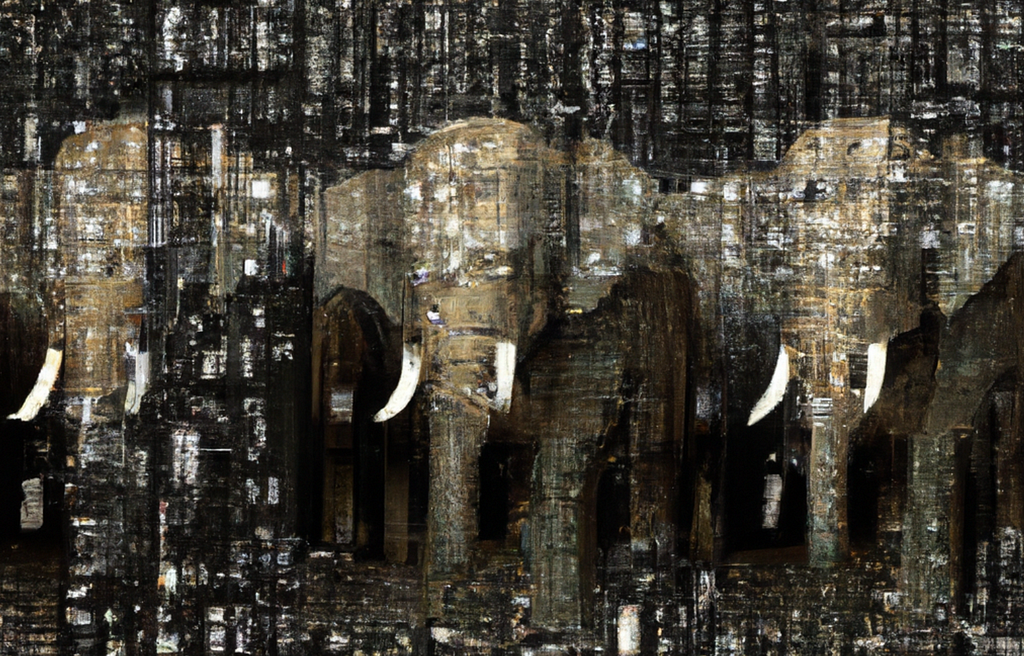 This image was generated by Dall-E in response to the prompt: “A room with random textual data covering the walls, and large elephants crammed in, looking menacing, made from classic images of neural networks”