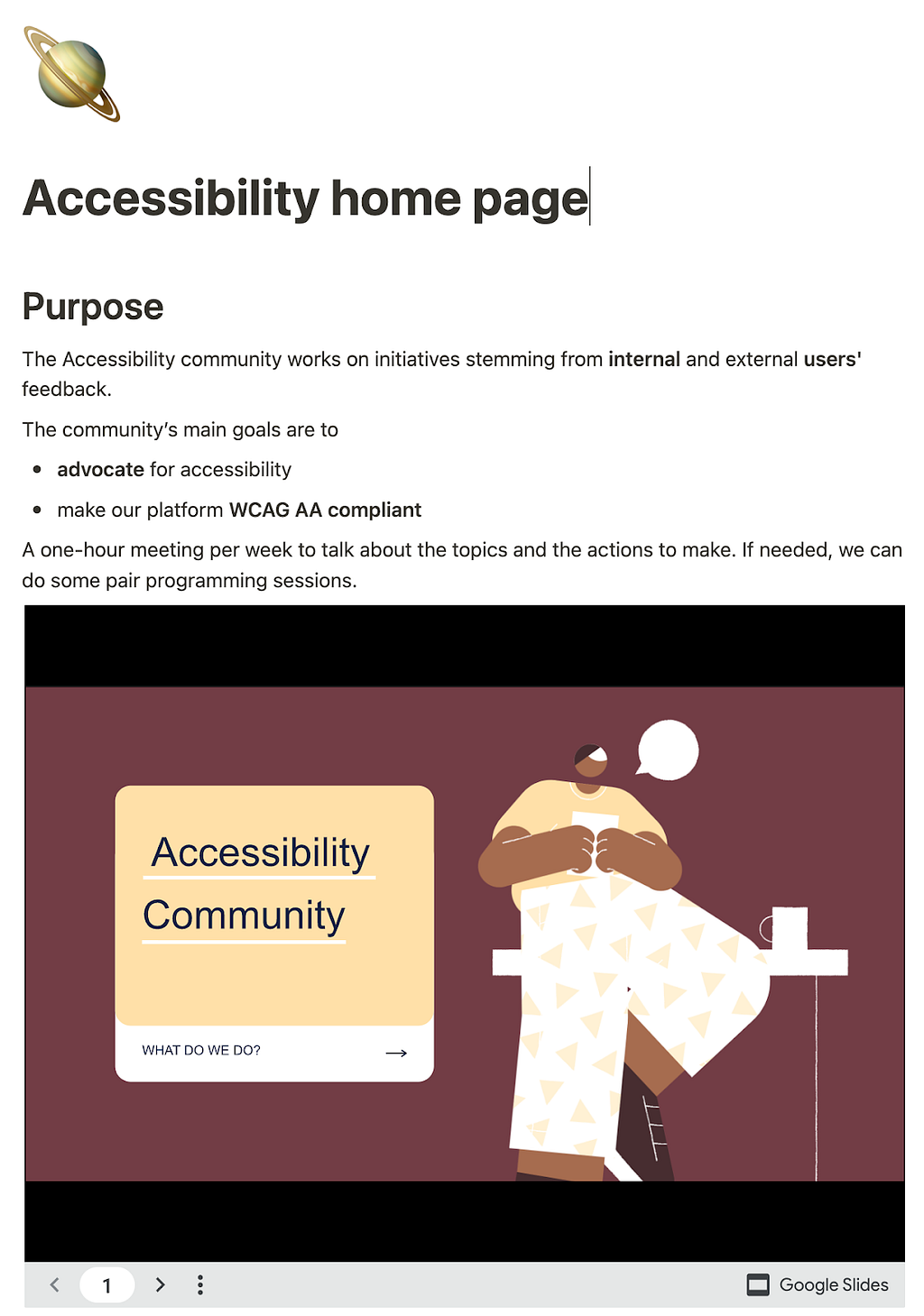 Page d’accueil de l’espace accessibilité sur le Notion d’OpenClassrooms
