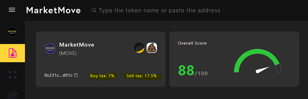 screenshot: app.marketmove.ai, highlighted: buy tax and sell tax
