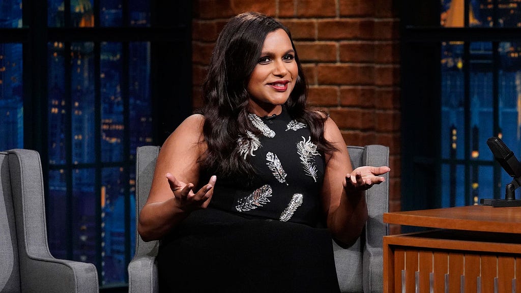 a picture of Mindy Kaling on Late Night with Seth Myers.