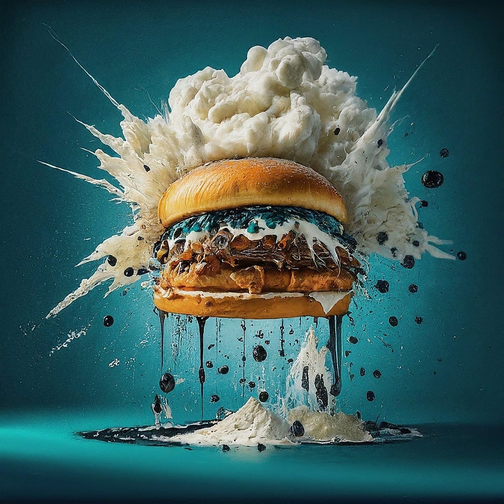 A deconstructed burger with fries, surrounded by an explosion of various ingredients against a teal background. The image visually represents the complex and potentially harmful nature of ultra-processed foods, tying in with the article’s discussion on the need for regulation.