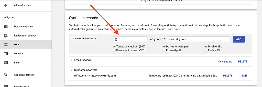 A picture of adding an example synthetic record in Google Domains