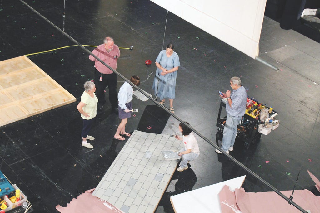 MATT SCHICKLING / WIRE PHOTOS Crew members work onstage at Mitchell Performing Arts Center building sets, working on lighting and sounds and attending rehearsals for this weekend's performance of Louisa May Alcott's Little Women.