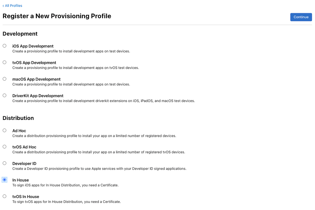 A view of the Apple Developer Portal when creating an In-House profile