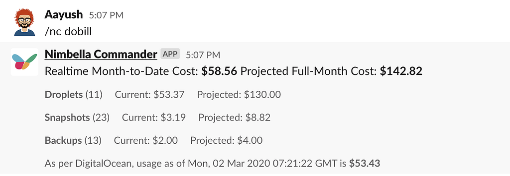 DigitalOcean bill in slack with monthly projections