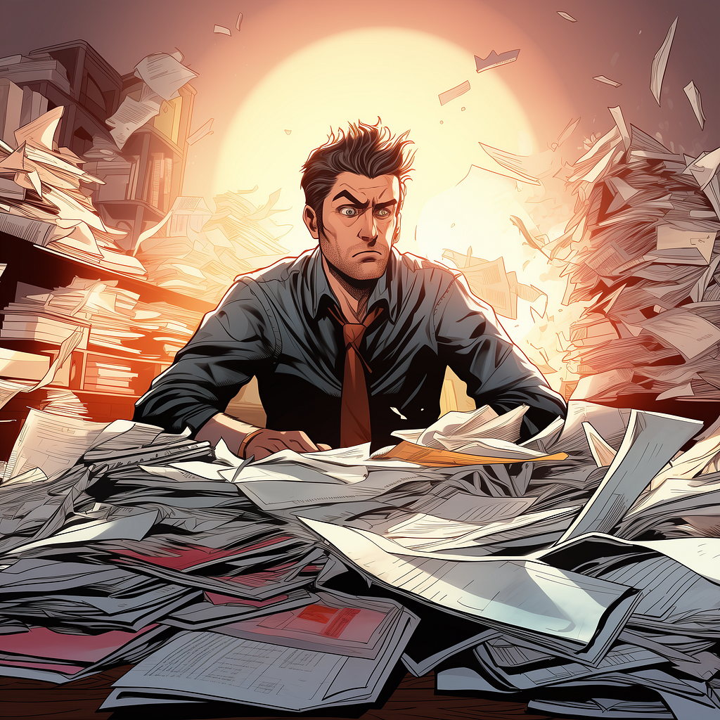 a man sitting at the desk and struggling with tons of documments to be cleaned up, comic style