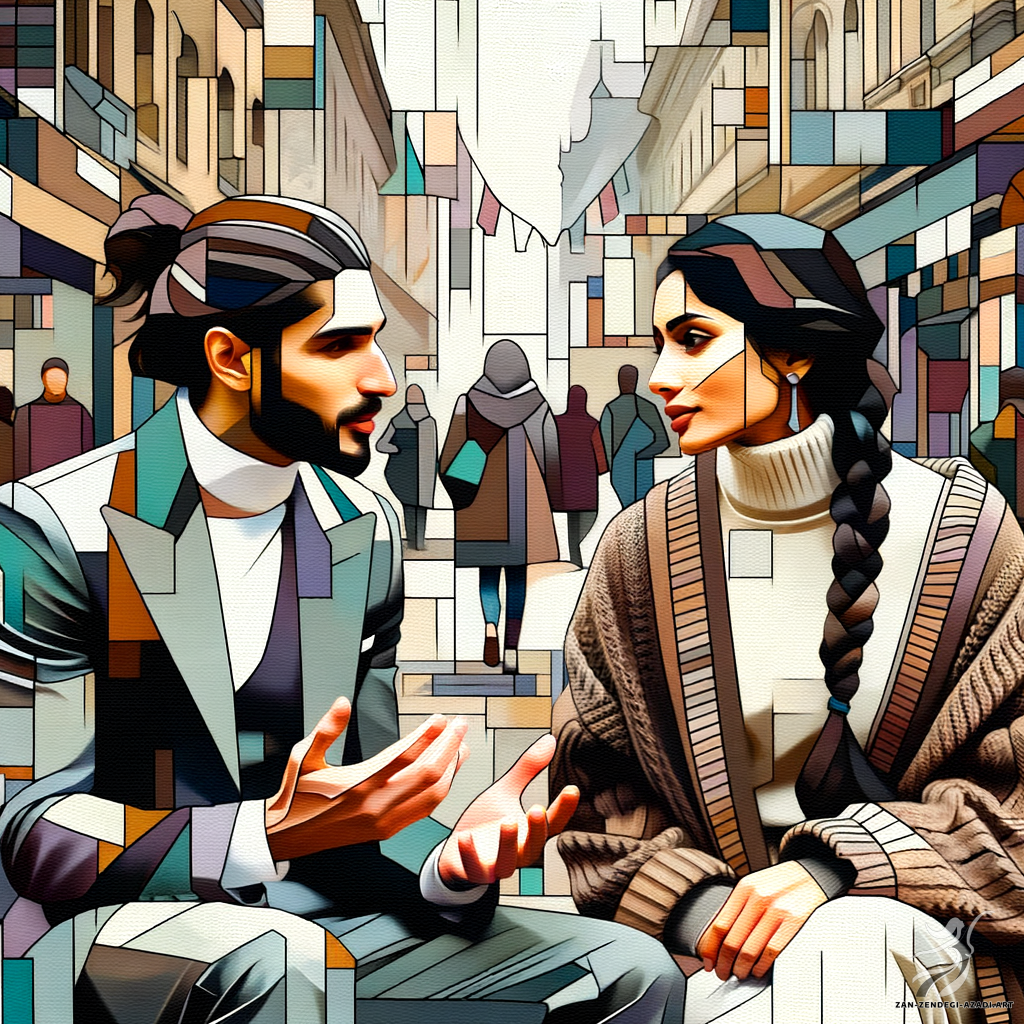 One  women with braids hairstyle and wearing blazer and pantsuit, and one man with a ponytail and wearing sweater dress, are speaking clearly on a street , rendered in a style that emphasizes geometric forms, abstract figures, and fragmented perspectives