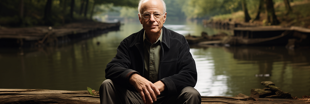 philosopher peter singer sitting by a river