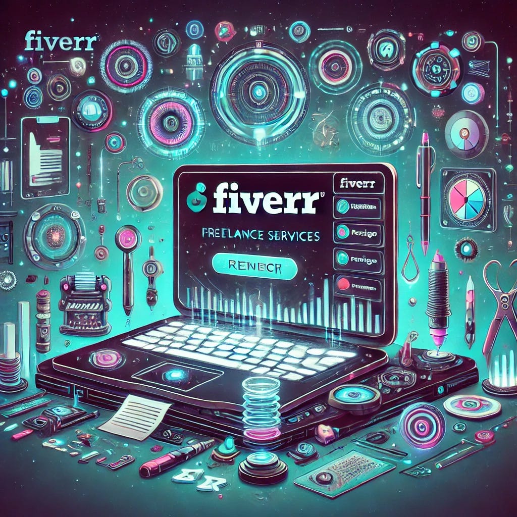 A futuristic illustration of a laptop displaying the Fiverr website, surrounded by advanced creative tools, holographic interfaces, and futuristic office supplies. The screen shows categories like writing, design, programming, and marketing. The overall style is modern, high-tech, and vibrant, representing the diverse range of freelance services offered on Fiverr