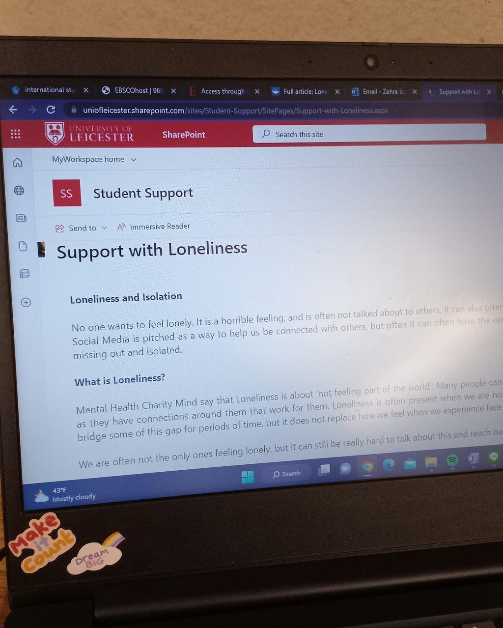 A laptop showing the Student Support website from the University of Leicester.