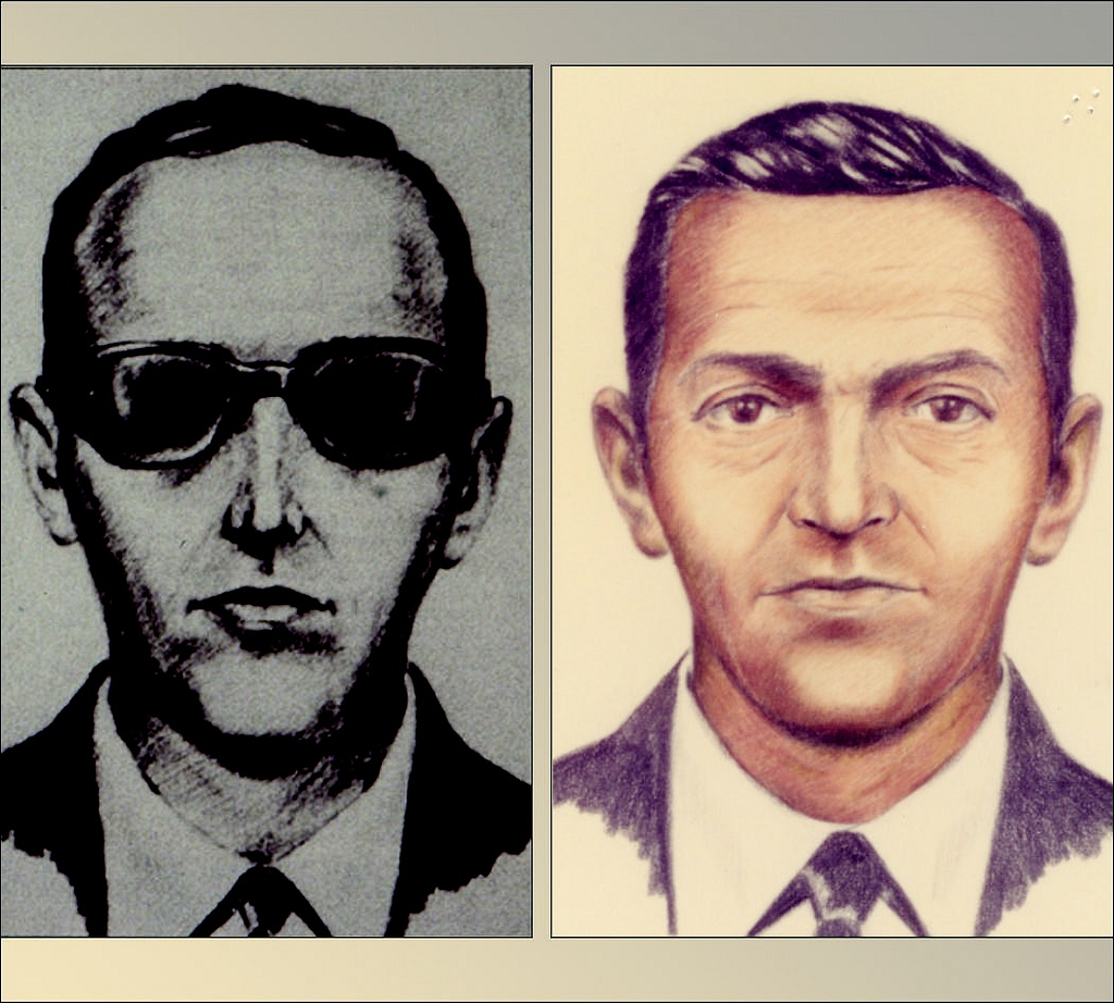Composite sketches of Cooper from the FBI website. One in Black and White with sunglasses, one in color without sunglasses.