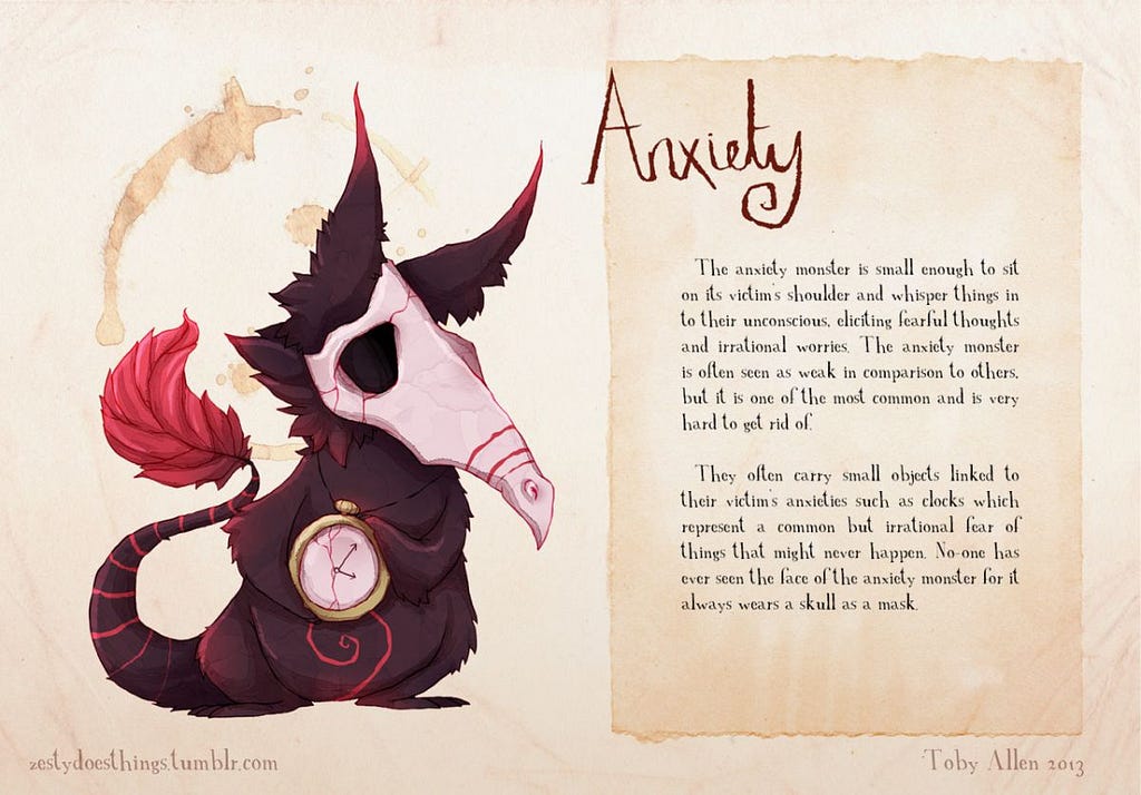 A little anxiety monster, a furry creature with an old skull covering its face. It is also holding a pocket watch