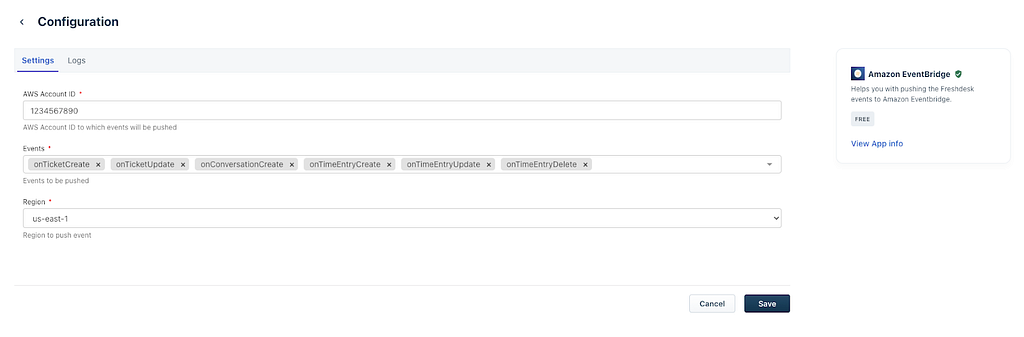 Amazon EventBridge app configuration page in Freshdesk