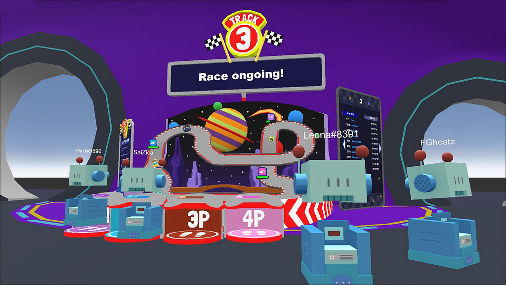 Screenshot of players racing on Starry Speedway in the Battle Racers arena