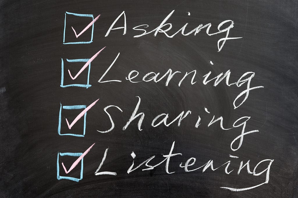 A checklist with the words Asking, Learning, Sharing, and Listening.