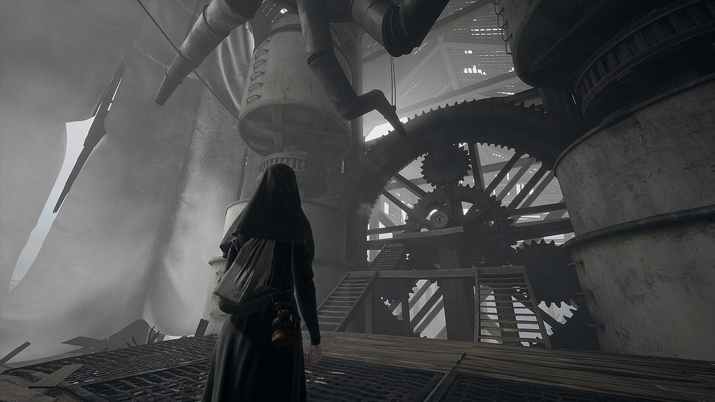 A screenshot from Indika, showing the protagonist solving a puzzle built around massive mechanical machinery.