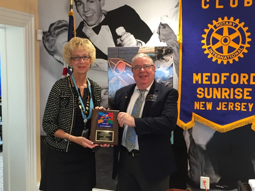 Pictured is Linda Mackey with David Forward, a member of Medford Sunrise Rotary and the current District Governor of Rotary District 7500. Mackey was recently sworn in as president of the Medford Sunrise Rotary.