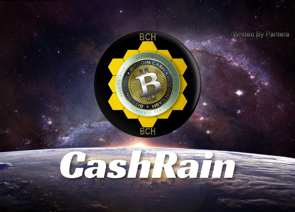 Background space in purple colour. At the bottom the surface of a planet with the sun behind. Added a large custom made logo of BCH at the middle and test “cashrain”.