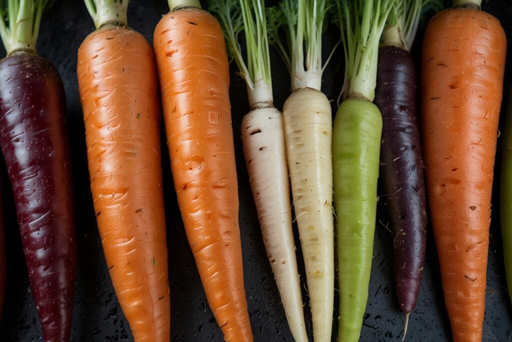 Various colored carrots, including hydroponic orange, white, and purple, arranged in a row on a dark, wet surface.
