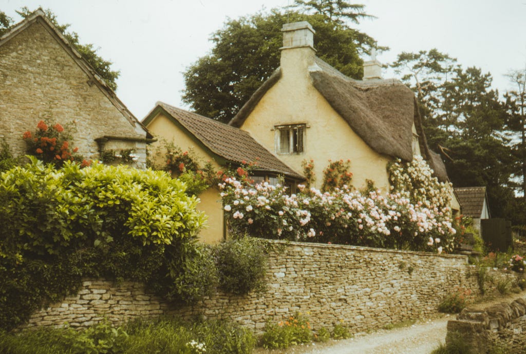 A small-street view of cottages behind a stone wall. Some have modern roof tiles, and one has a thatched roof. Flowers line the stone wall.