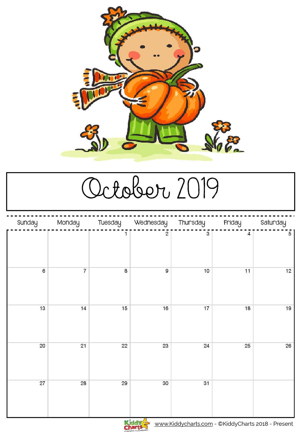 October 2019 printable calendar; boy with a pumpkin, and it is so very nearly pumpkin time! #printables #kidsprintables #2019calendar
