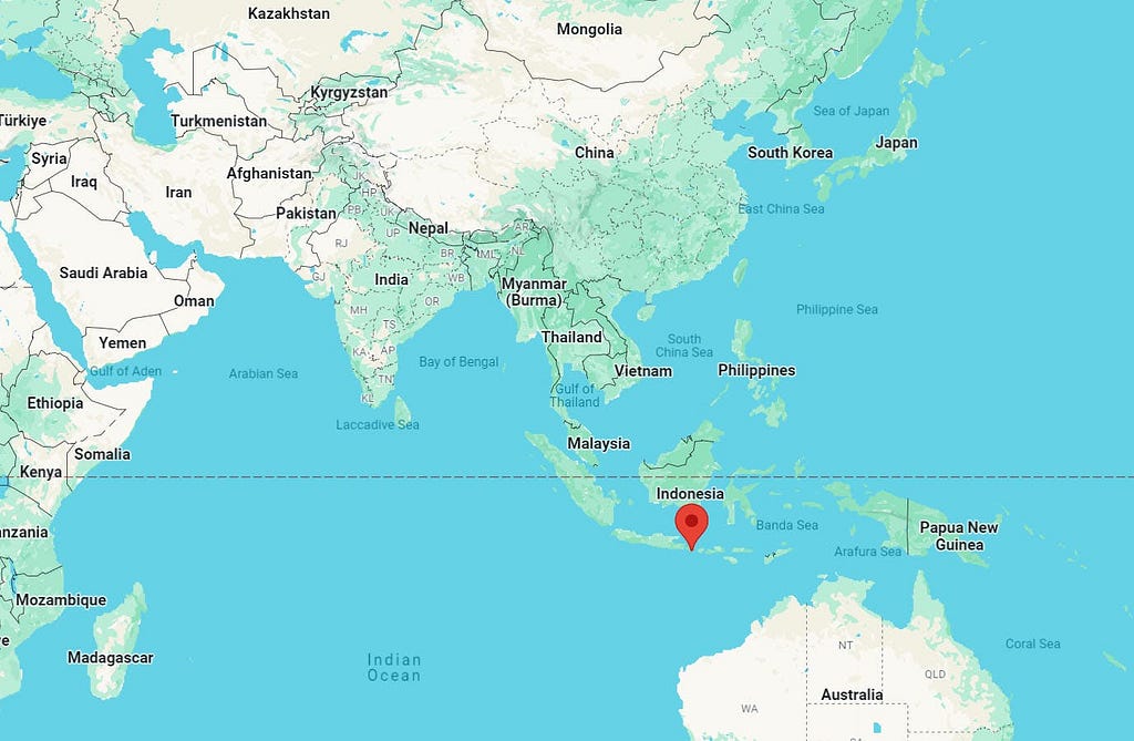 Google Map showing the location of Bali as east of Java in Indonesia.