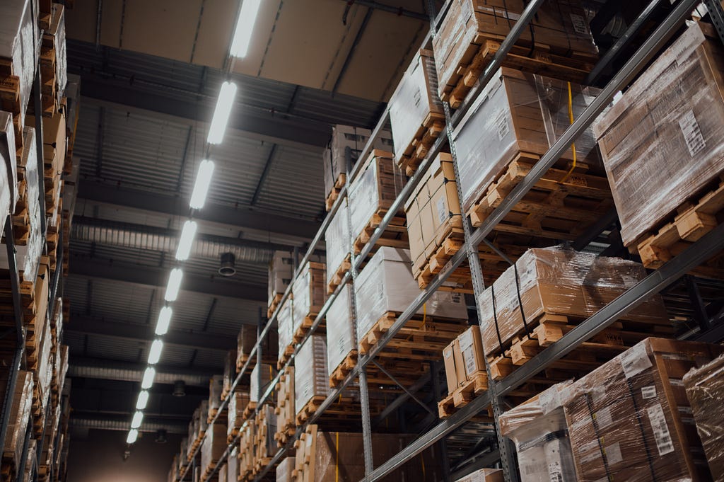 pallets stacked in a warehouse