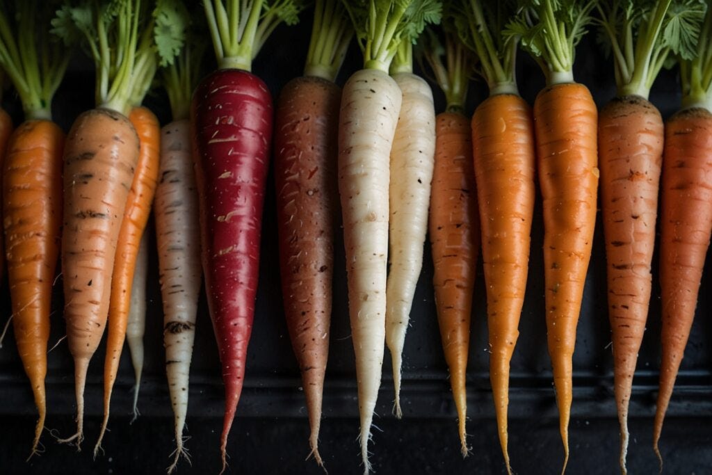 A row of colorful hydroponic carrots, including orange and white varieties with green tops, arranged above a dark surface.