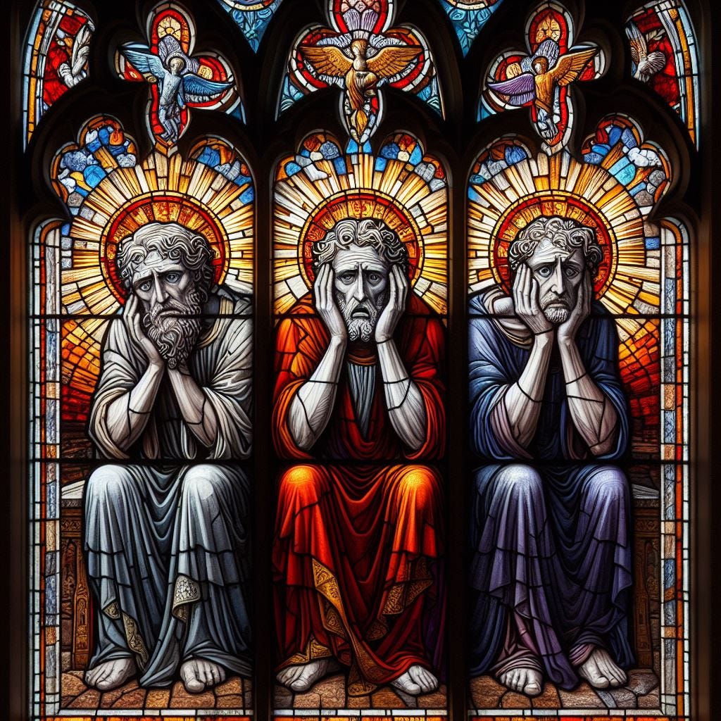 A church glass stained window depicting 3 men sitting with their hands on their faces each with 1 facial expression of boredom, uncertainty and fear