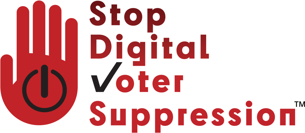 Stop Digital Voter Suppression (tm). Image: a red hand with an on/off switch on the palm.