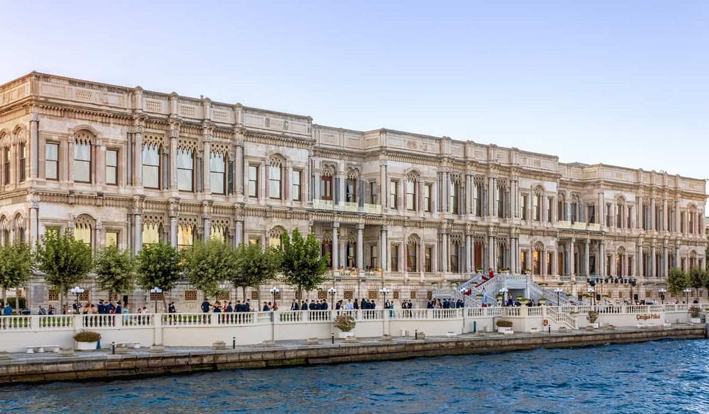 The opulent Ciragan Palace, now a 5-star hotel, along the waterfront in Istanbul, Turkey