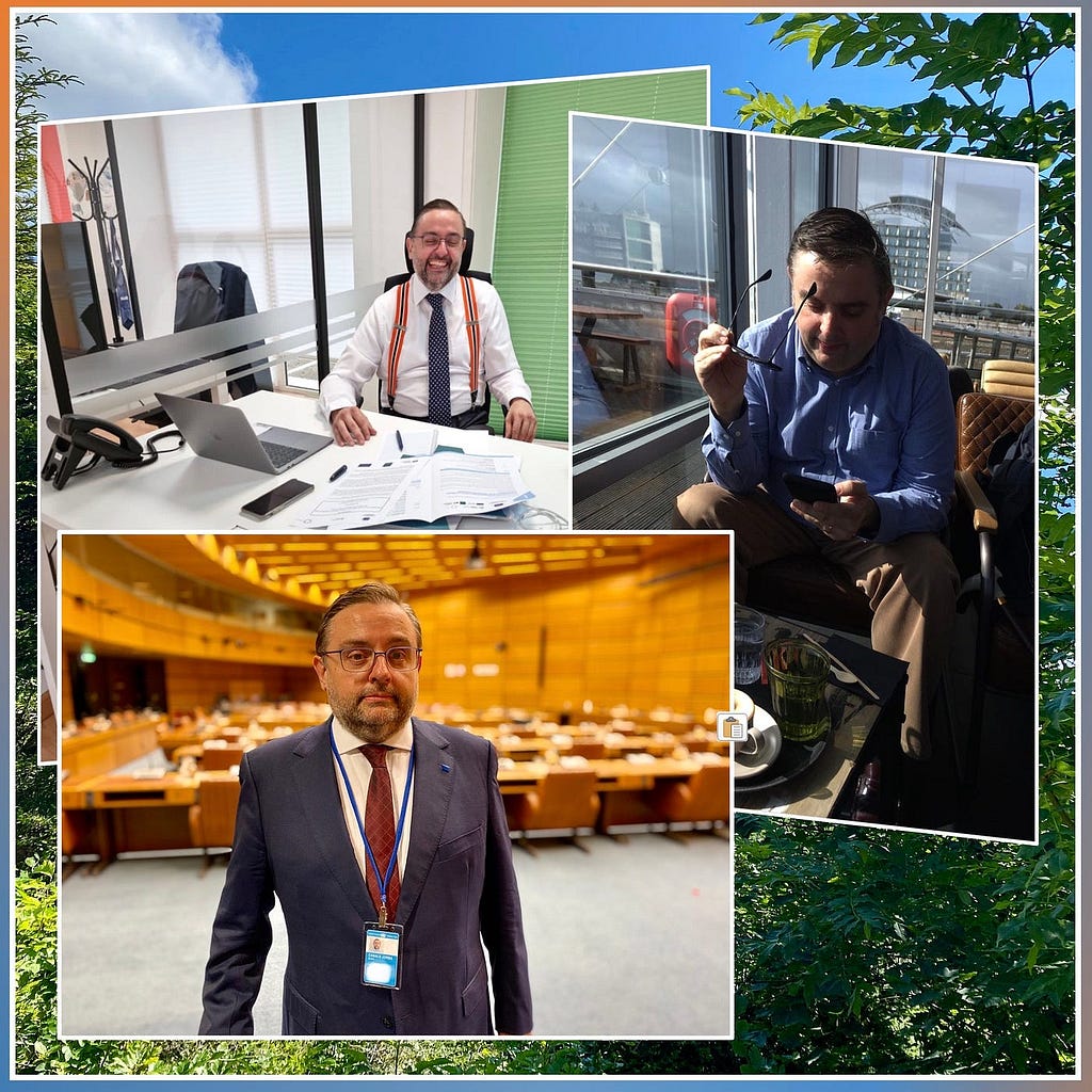 Three different pictures highlighting Mr Adam Casals in daily professional life situations.
