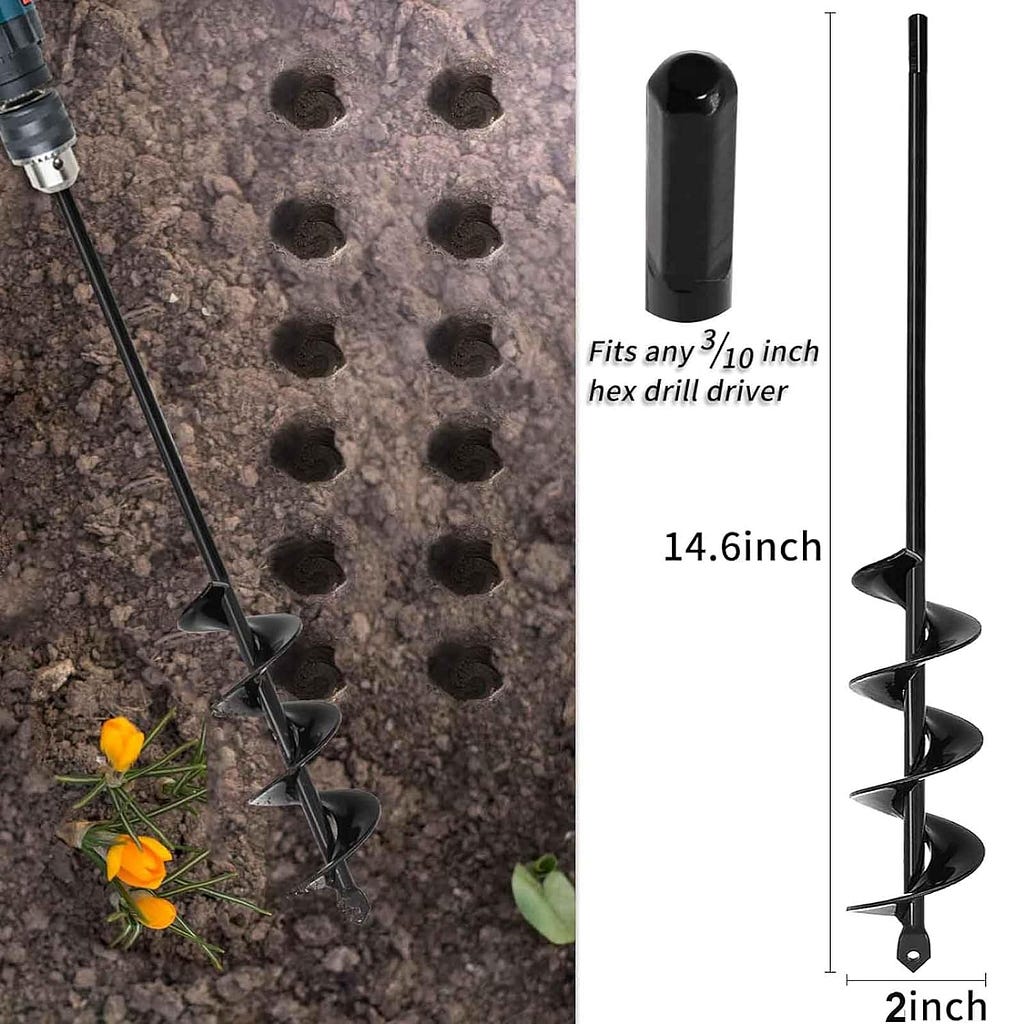 TCBWFY Auger Drill Bit 2x14.6inch Garden Plant Flower Bulb Auger Rapid Planter Bulb  Bedding Plant Auger for 3/8Hex Drive Drill Earth Auger Drill Fence Post Umbrella Hole Digger