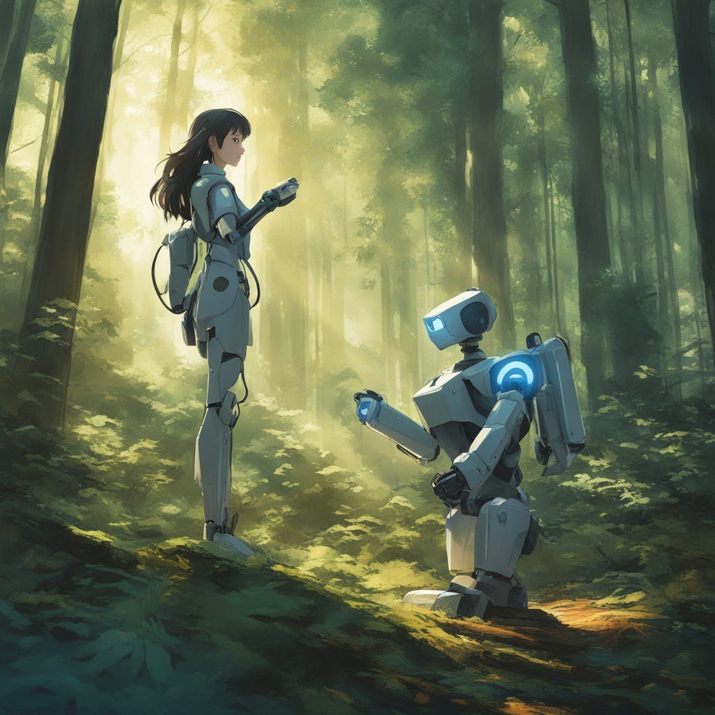 AI generated image in anime style: A young woman with a robot in a deep forest. Theme is “The Light Within Us All: Visualising a World Transformed by emerging technology” — a hopeful scene full of light and a luscious environment.