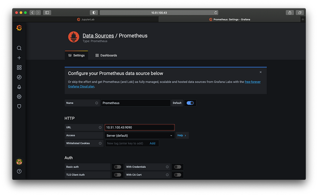 A screenshot of the Grafana add Prometheus source page with the IP address filled in.