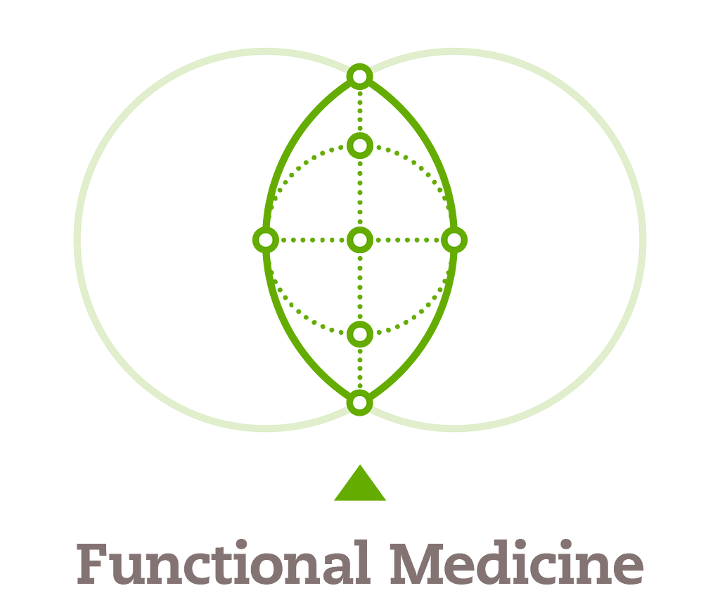 Venn Diagram illustrating functional medicine as the overlap of conventional and alternative medicine with a specific matrix of nodes corresponding to the functional medicine matrix.